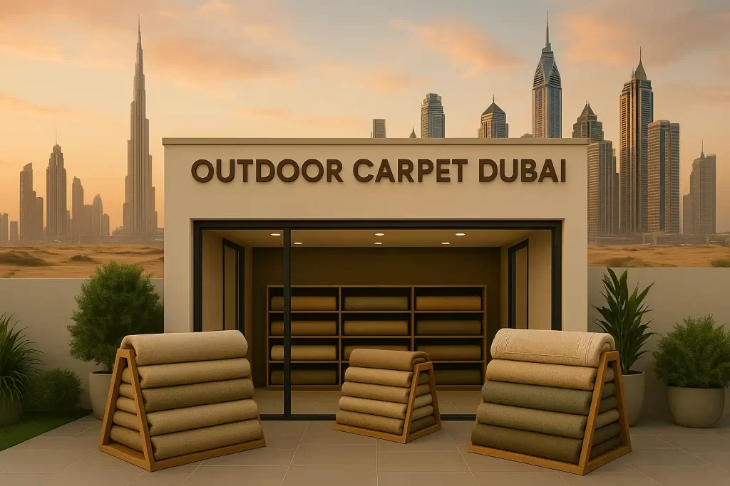 Outdoor carpet rolls and samples displayed at a Dubai retail store