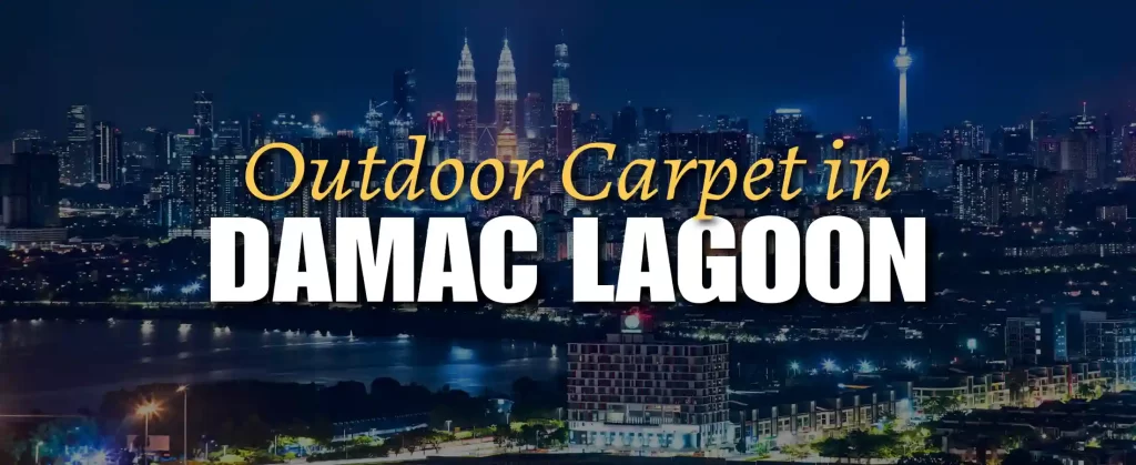 Outdoor carpet on a Mediterranean-style patio in Damac Lagoons, Dubai, with coastal-themed furniture, lagoon views, and vibrant architecture inspired by European waterfront towns