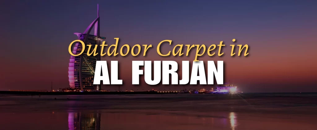 Outdoor carpet on a shaded patio in Al Furjan, Dubai, set against a backdrop of contemporary villas and landscaped greenery, with cozy seating and warm afternoon light