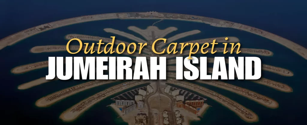 Outdoor carpet on a spacious patio in Dubai's Jumeirah Islands, surrounded by modern villas, palm trees, and water views under a clear blue sky