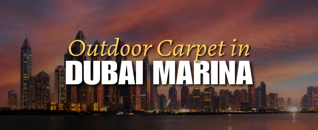 Stylish outdoor carpet setup on a balcony with waterfront views in Dubai Marina
