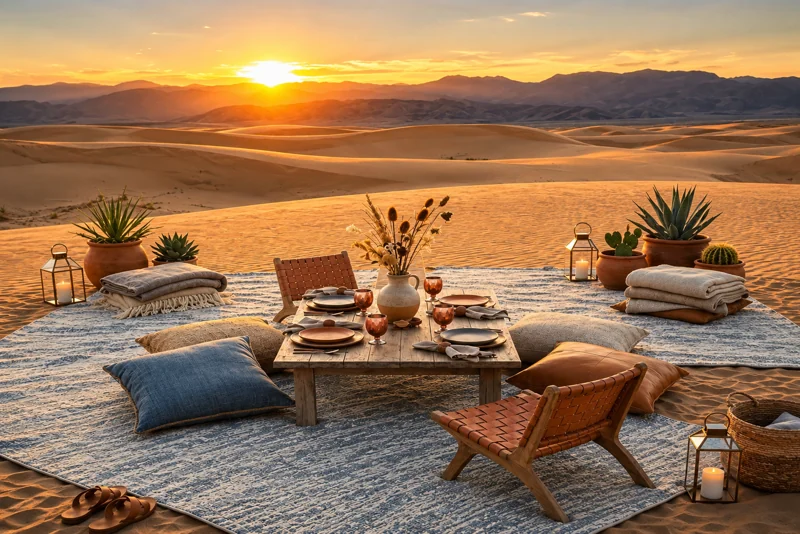 Blue High Quality outdoor carpet with desert picnic setup.