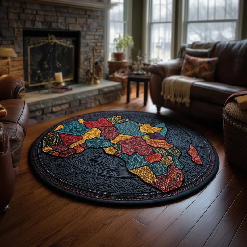 Colorful Africa map round carpet in living room