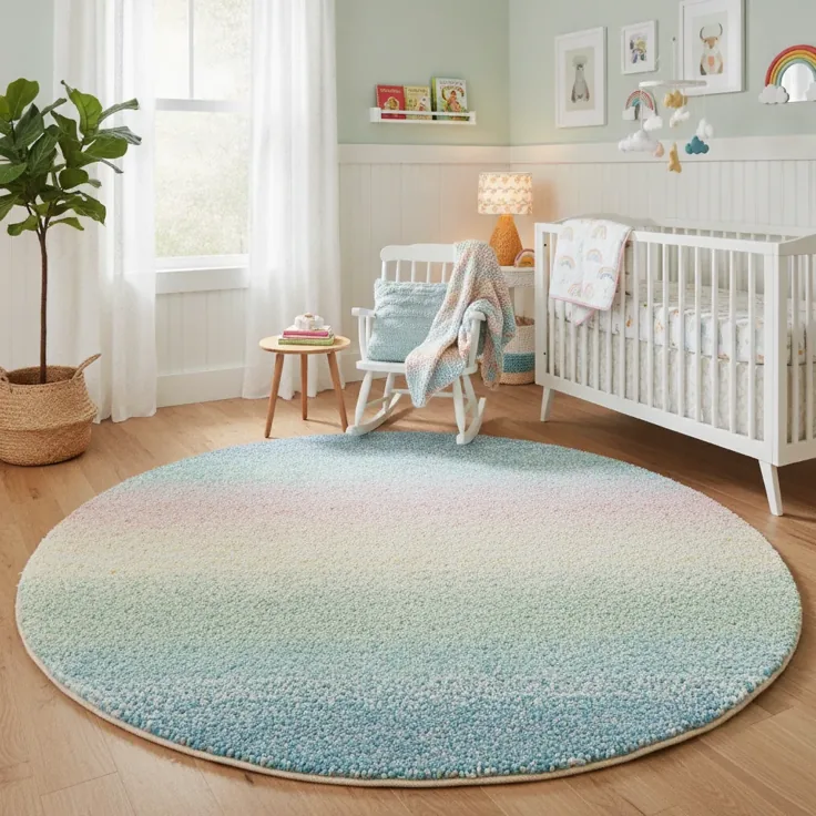 Colorful pastel round carpet in nursery room