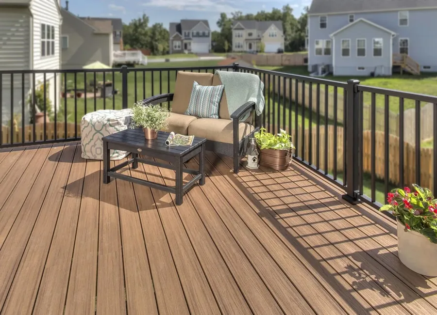 Composite wooden decking flooring on outdoor deck
