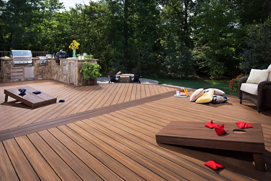 Large composite decking flooring on outdoor patio