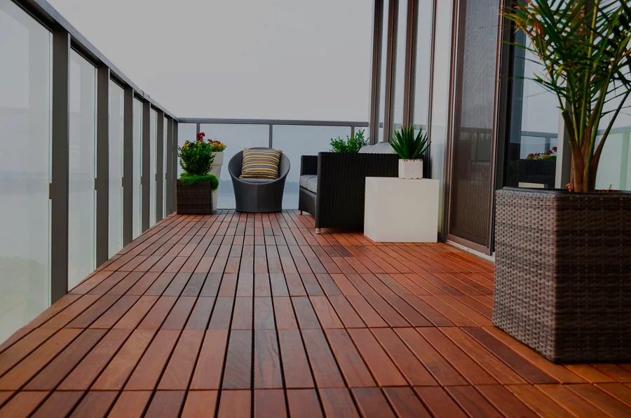 Wooden decking flooring on a modern balcony